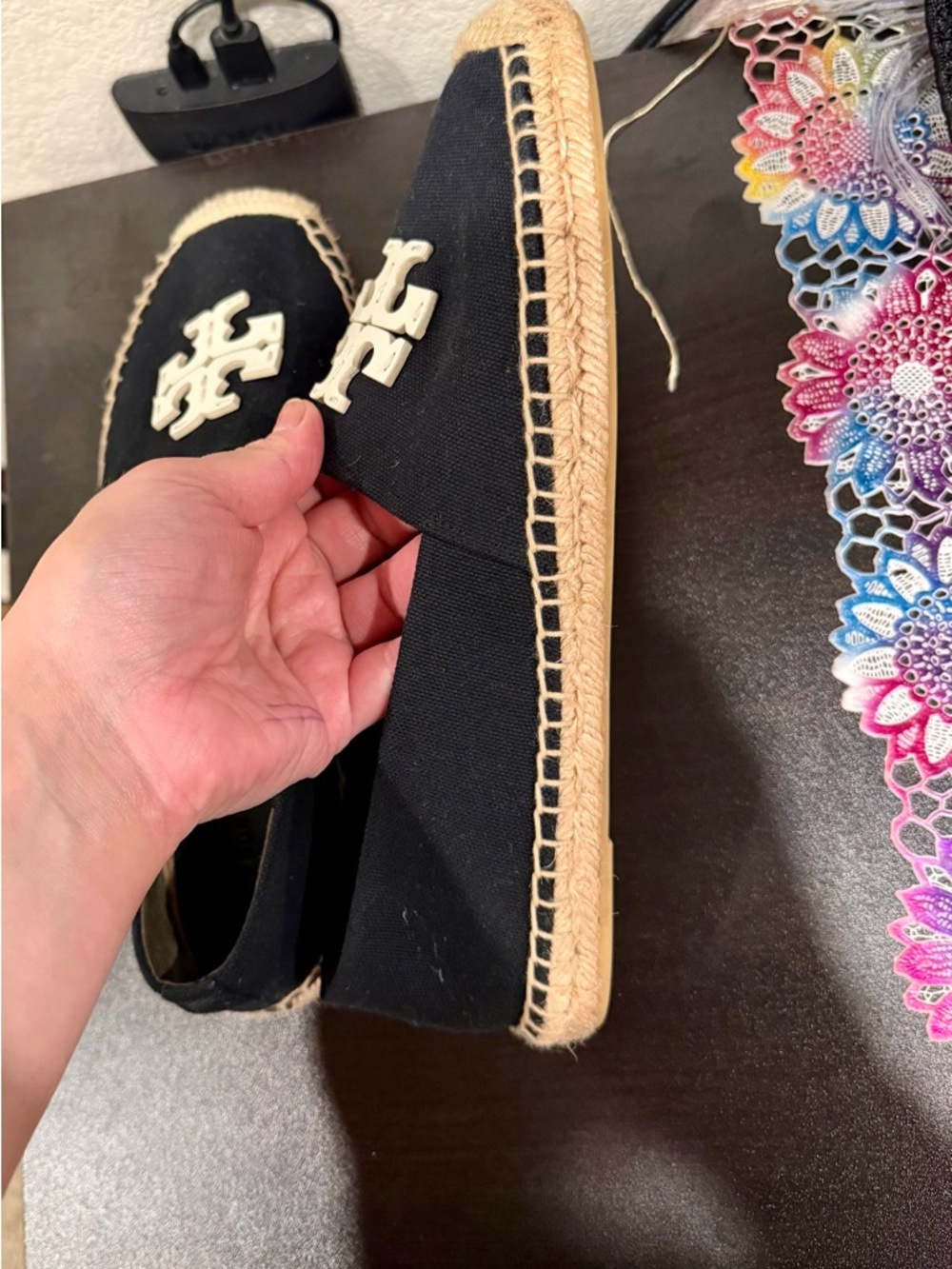 Tory Burch Black Canvas Espadrille with White Logo